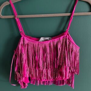Blueb Pink Fringe Crop Top with Rhinestones Festival Concert